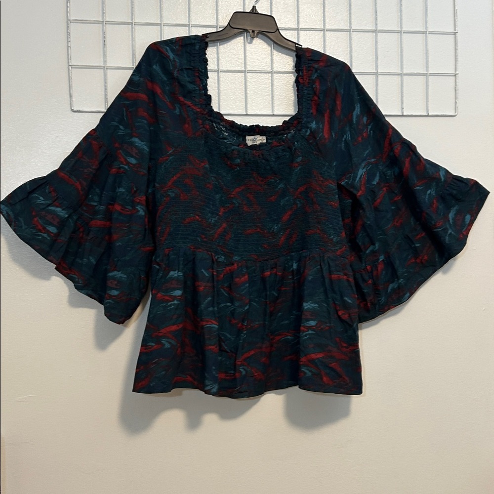 Terra &‎ Sky Women 4X Blouse Tropical Ruffle Sleeve Smocked Square Neck